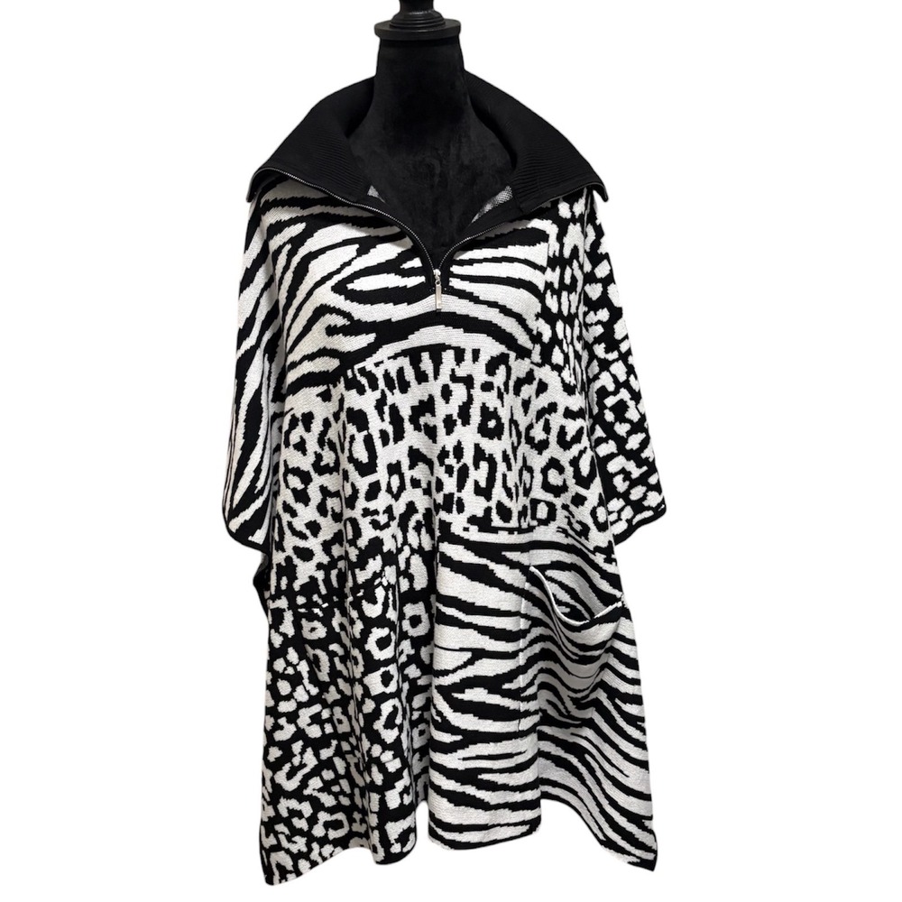 INVESTMENTS Womens LXL Black White Animal Print Zipper Poncho Sweater‎